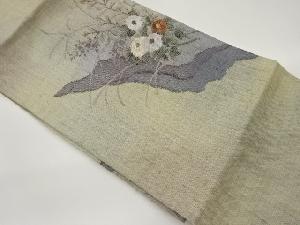 手織り真綿紬草花模様織出し名古屋帯